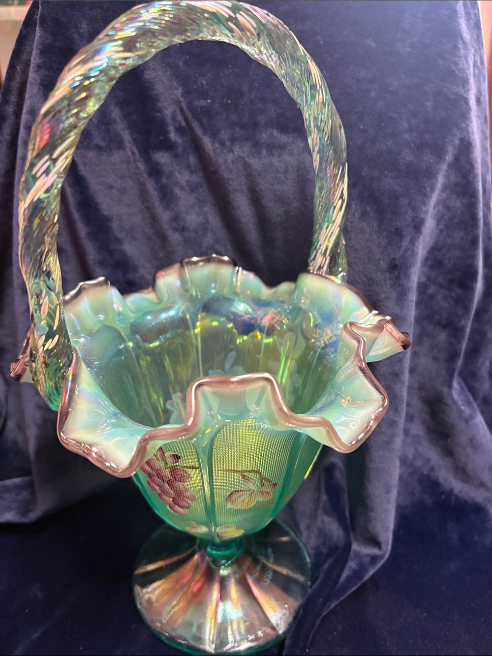Fenton Glads Iridescent Green Basket